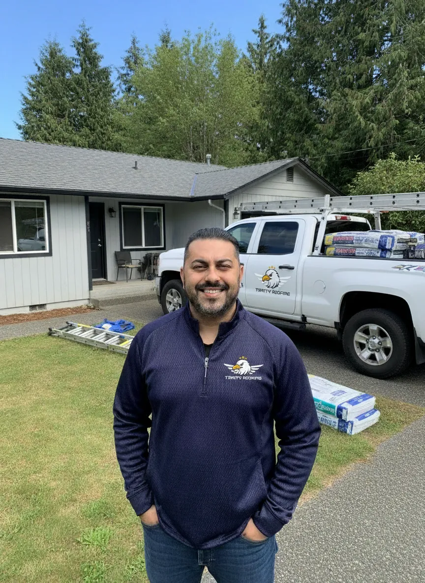 Josh, owner of Trinity Roofing & Home Maintenance, in front of the company truck in Sumner, WA
